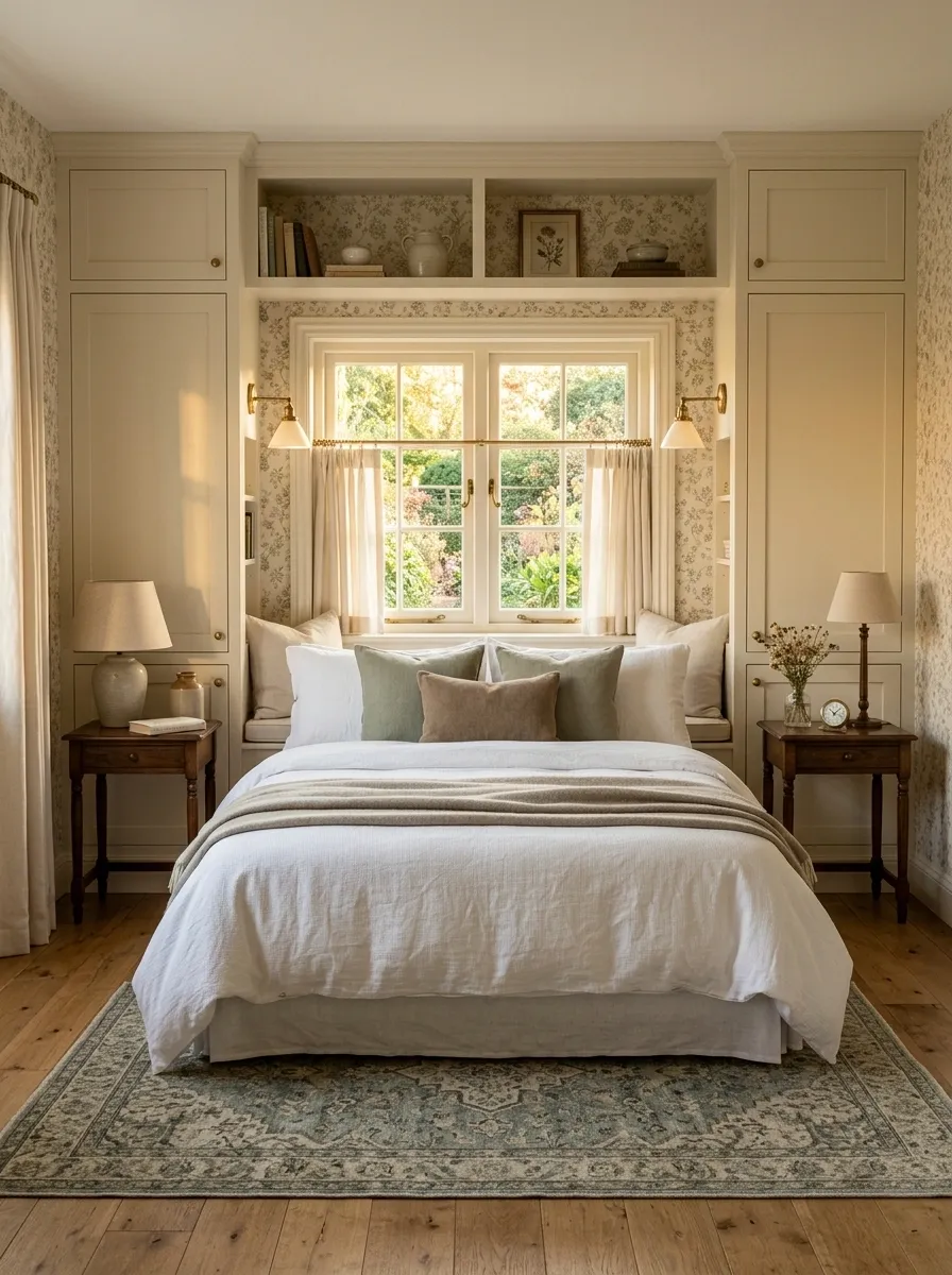Small Traditional Bedroom With a Built-In Window Seat Behind the Bed