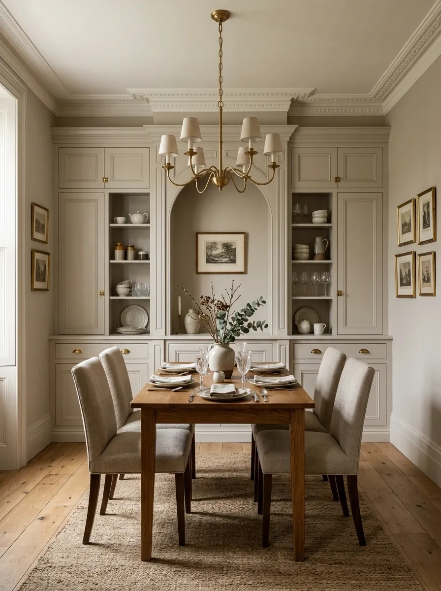 Small Traditional Dining Room With Painted Built-In Cabinetry
