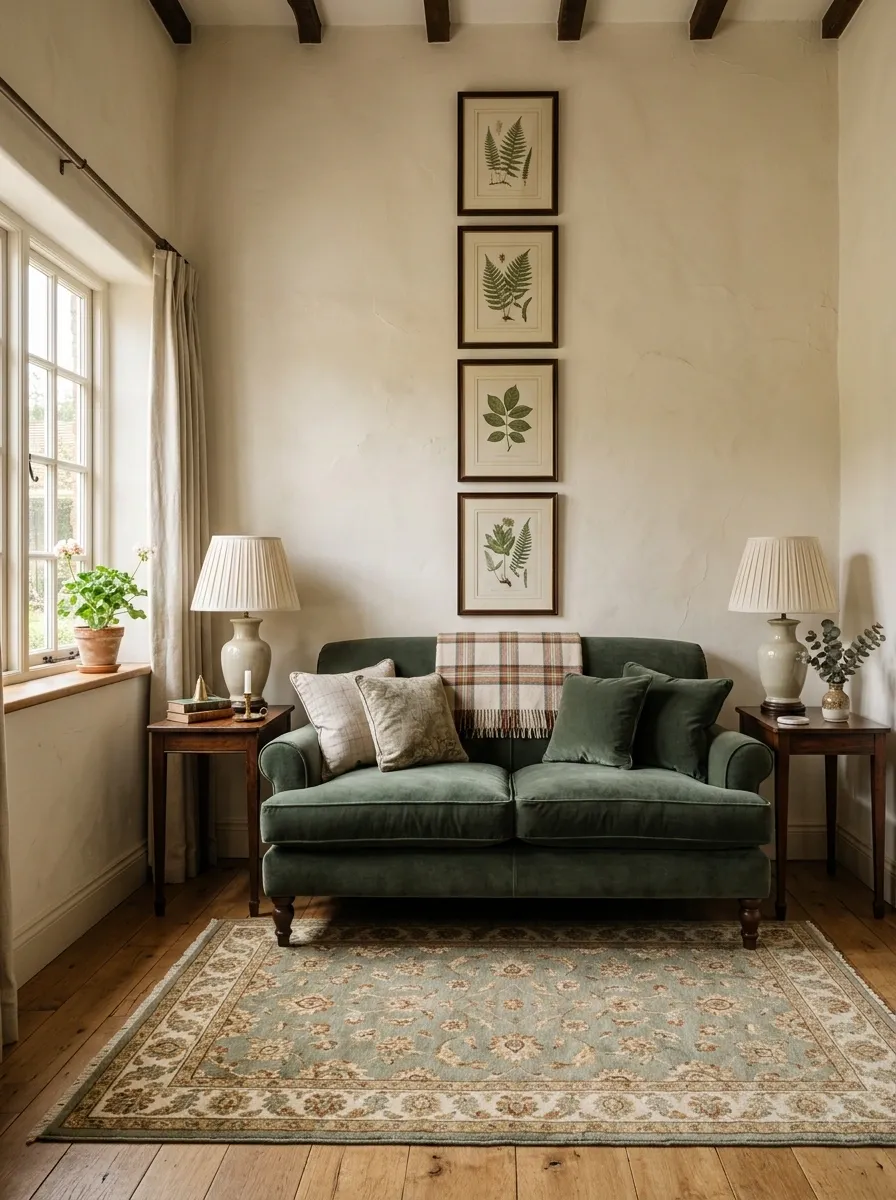 Small Traditional Living Room With a Dark Sage Sofa