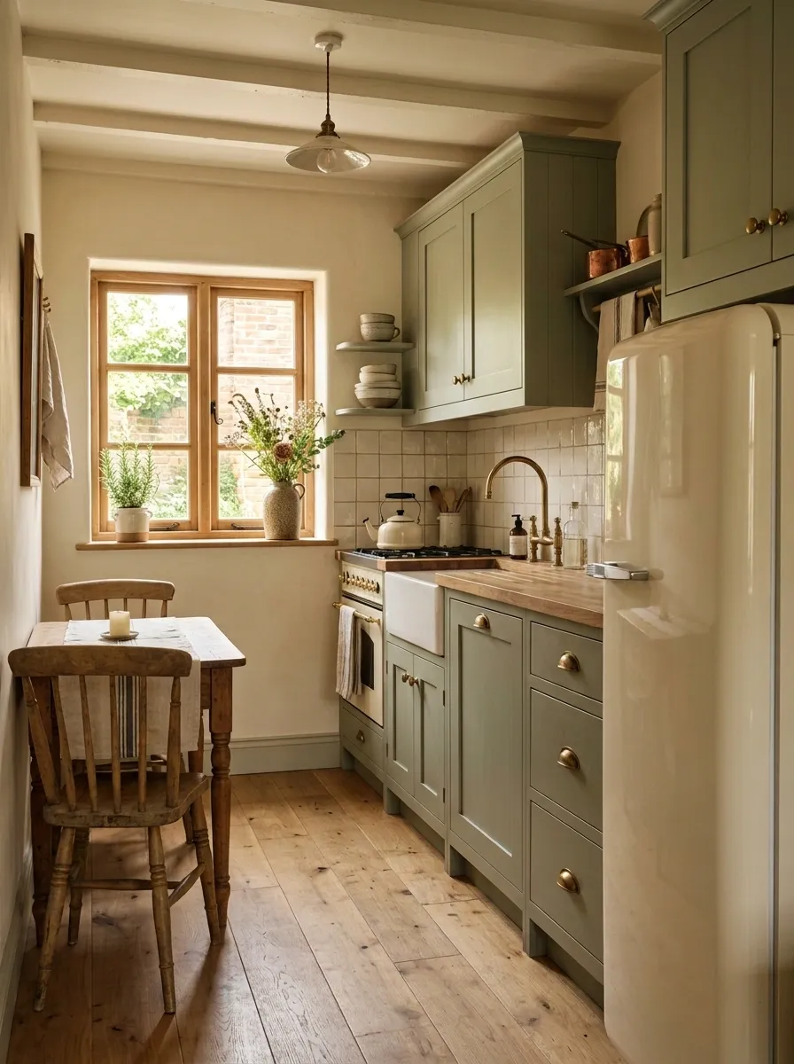 Small Vintage Kitchen With a Freestanding Cream Refrigerator