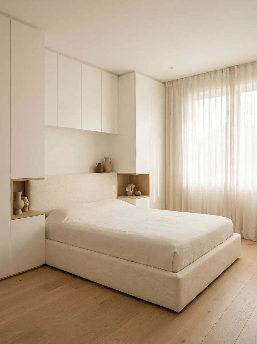 Small White Bedroom With Warm Built-In Joinery