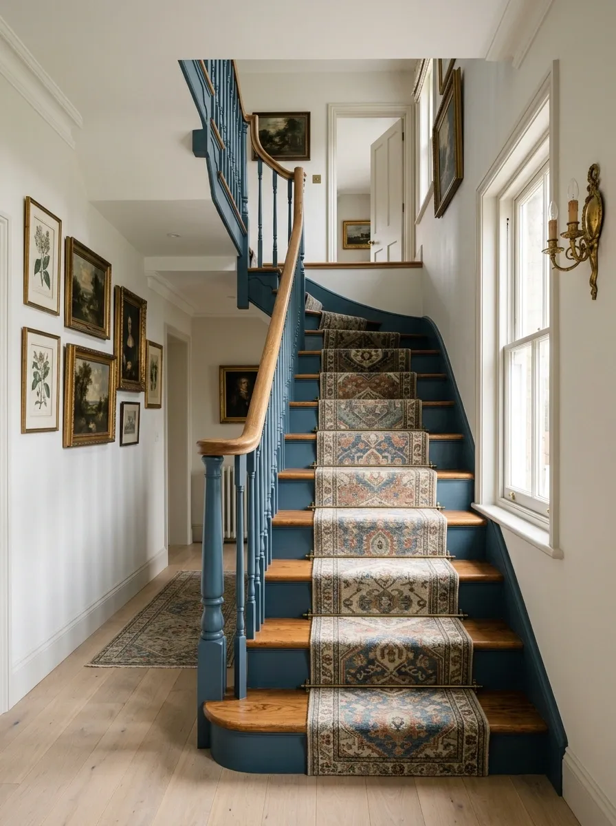Smoky Blue Staircase With Warm Oak and Vintage-Inspired Details
