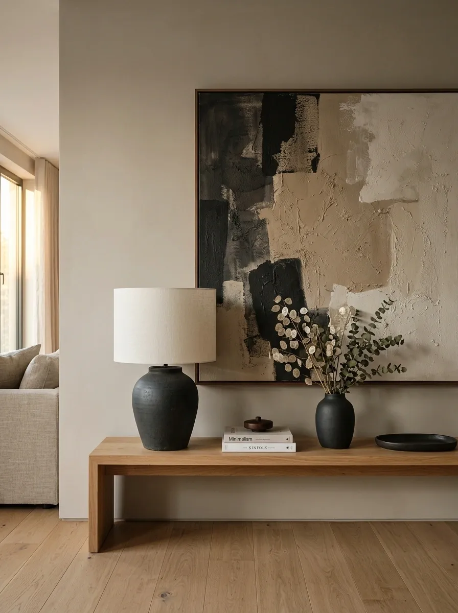 Sofa Table With High-Contrast Accessories and Large-Scale Art