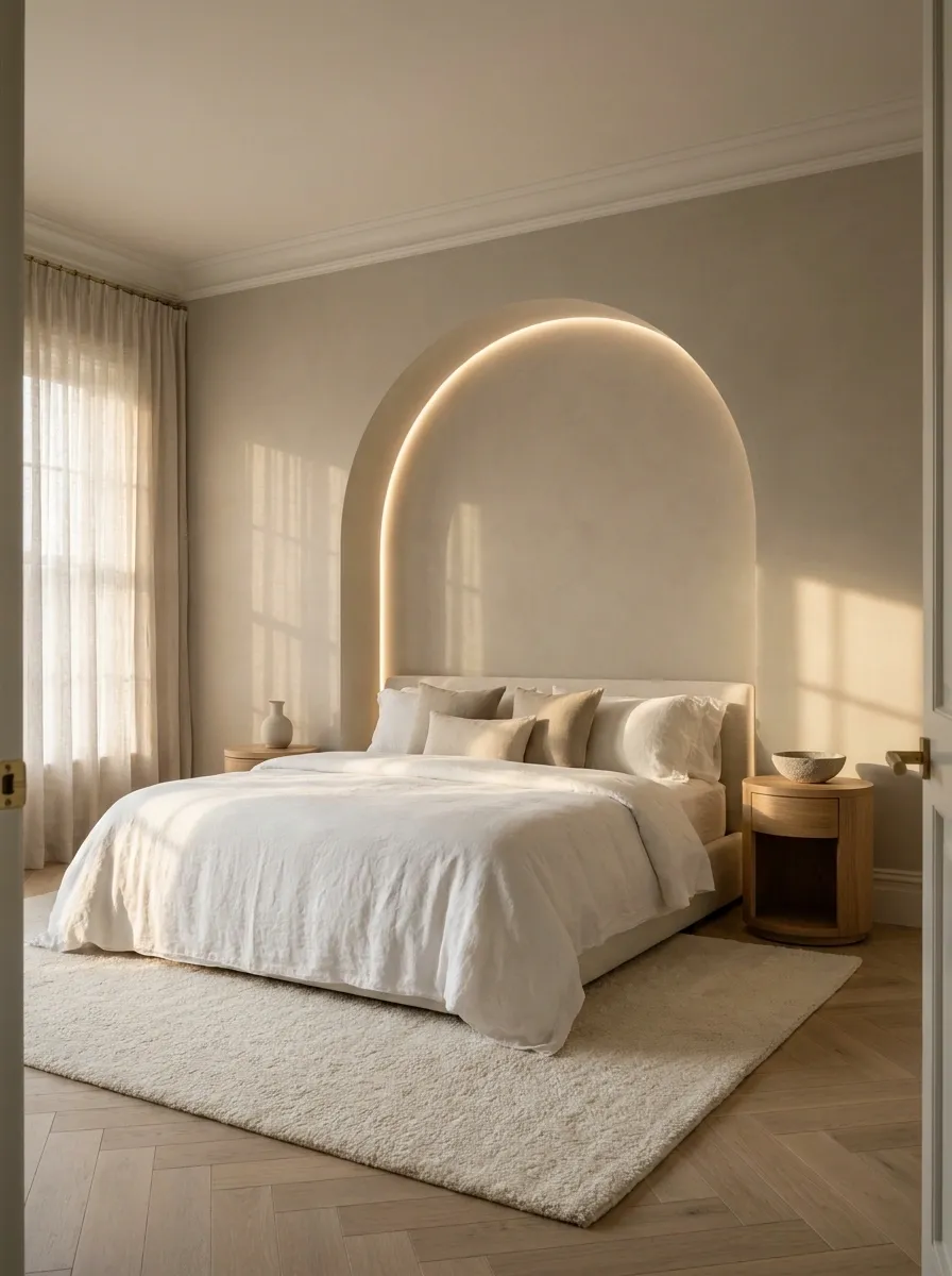 Soft Architectural Bedroom With an Arched Bed Alcove