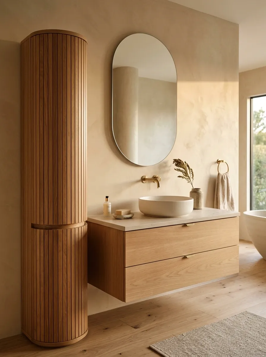 Soft Beige Bathroom With a Rounded Storage Column