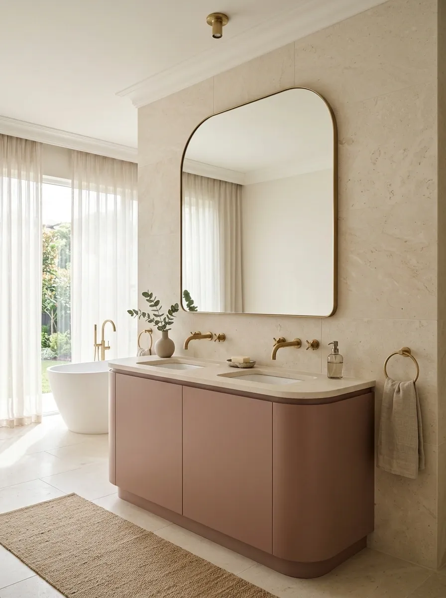 Soft Beige Bathroom With Dusty Rose and Warm Stone
