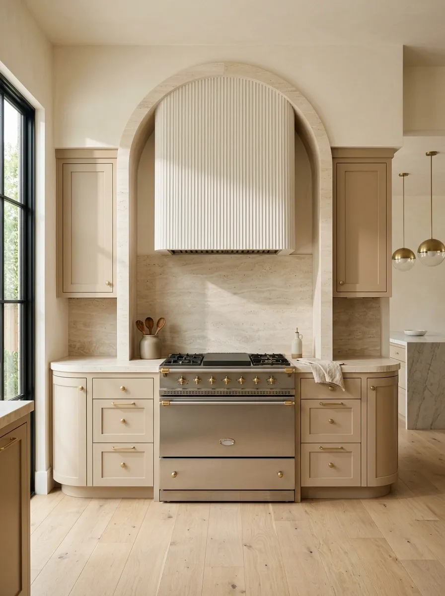 Soft Beige Kitchen With Fluted Hood and Curved Cabinetry