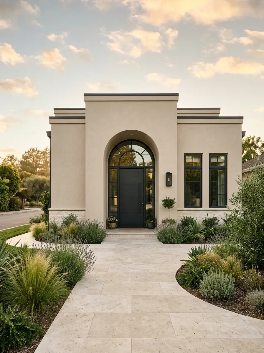 Soft Beige Modern House With Arched Entry