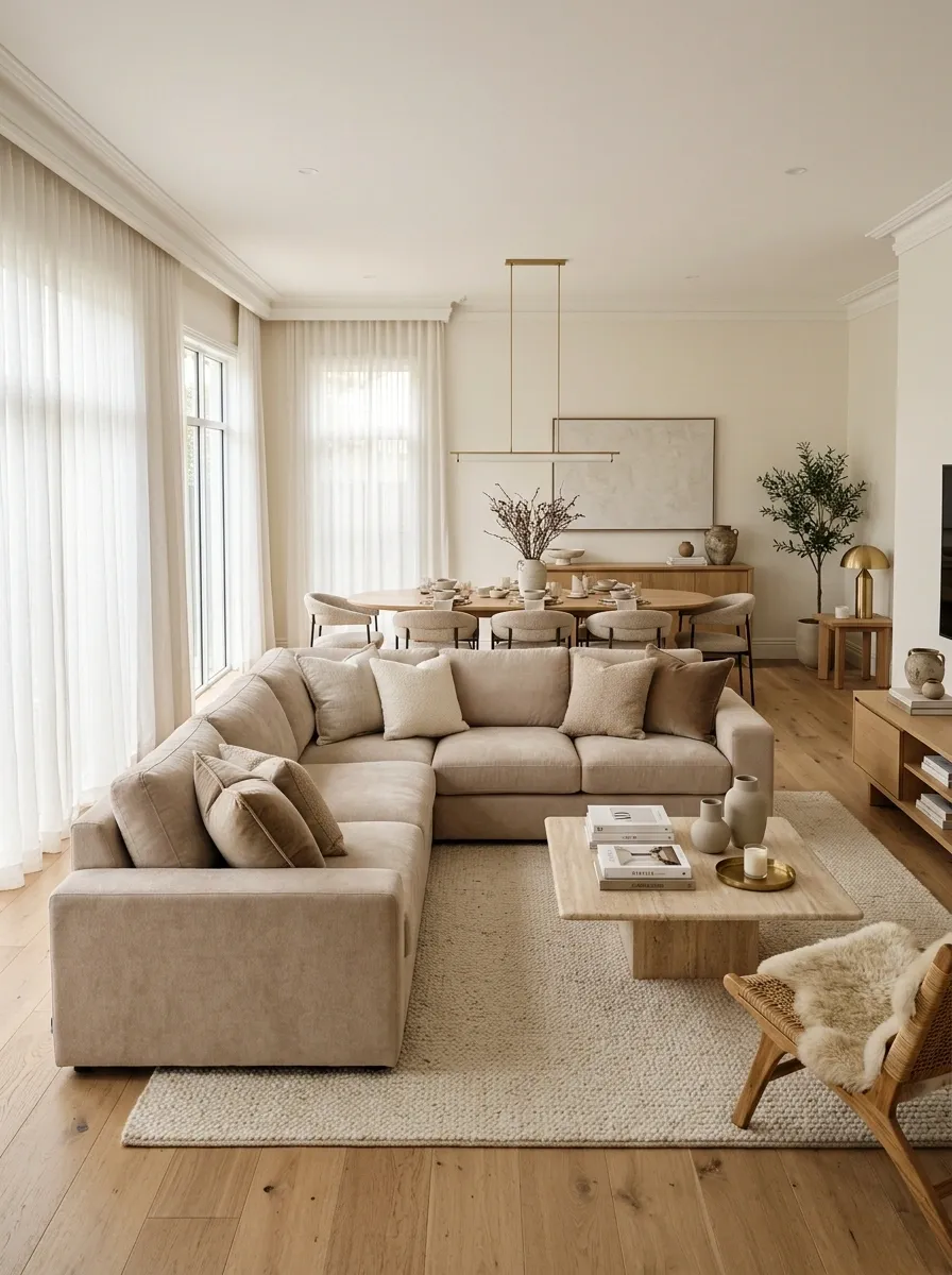 Soft Beige Sectional Dividing an Open-Plan Living and Dining Area