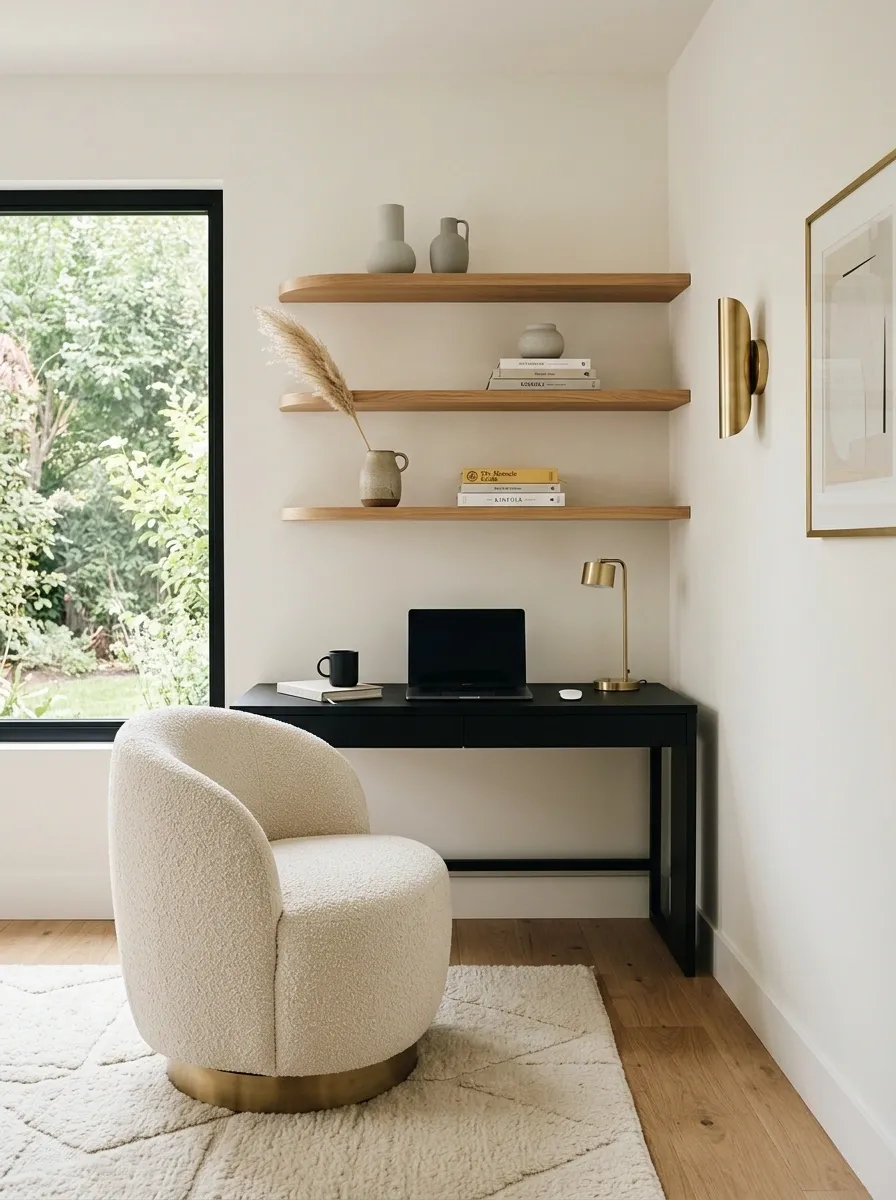 Soft Black and Cream Office With Curved Furniture