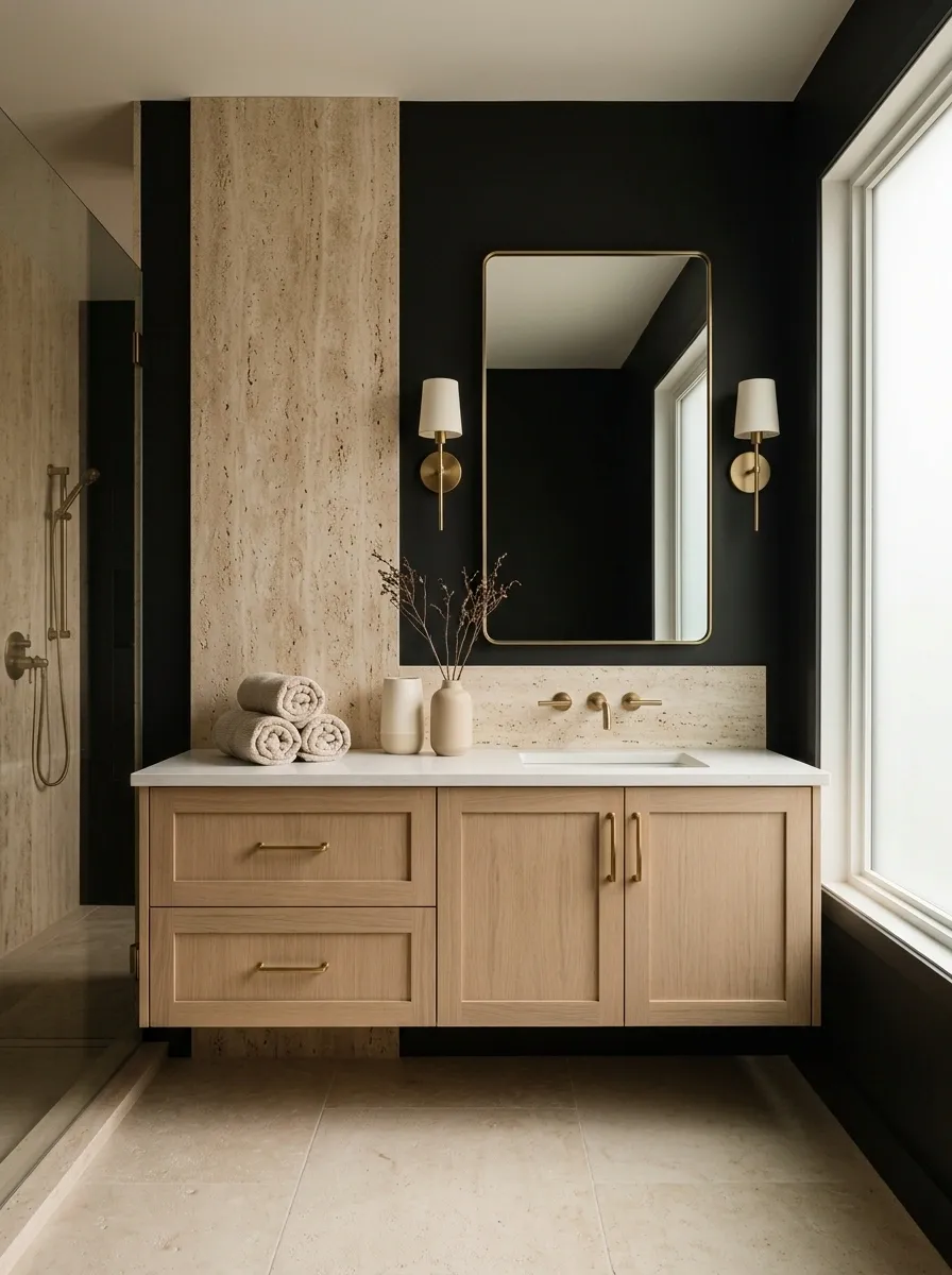 Soft Black Bathroom With Travertine and Brushed Metal