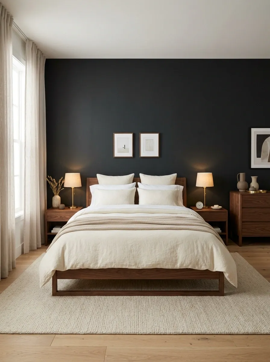 Soft Black Bedroom With Walnut Furniture and Cream Bedding