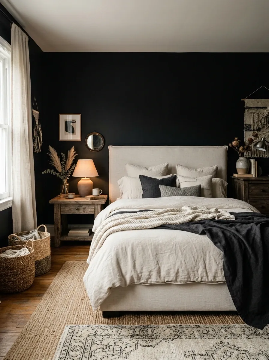Soft Black Bedroom With Warm Cream and Weathered Wood