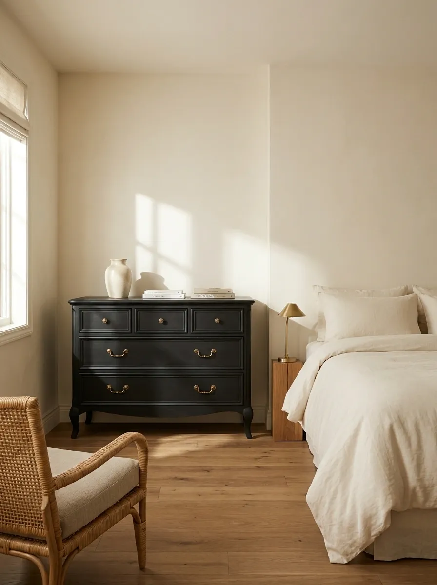 Soft Black Furniture With Vintage Brass Hardware