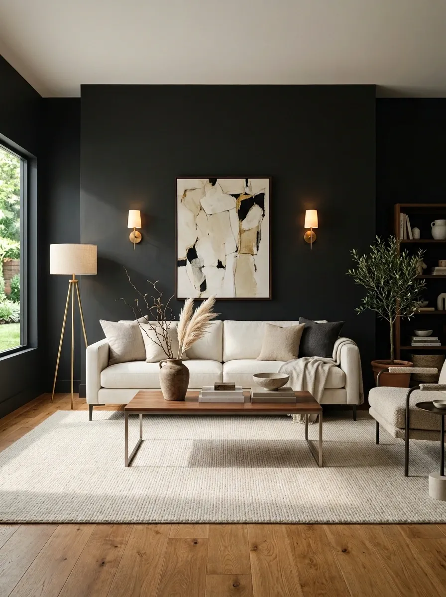 Soft Black Living Room With Ivory Seating and Honey Oak