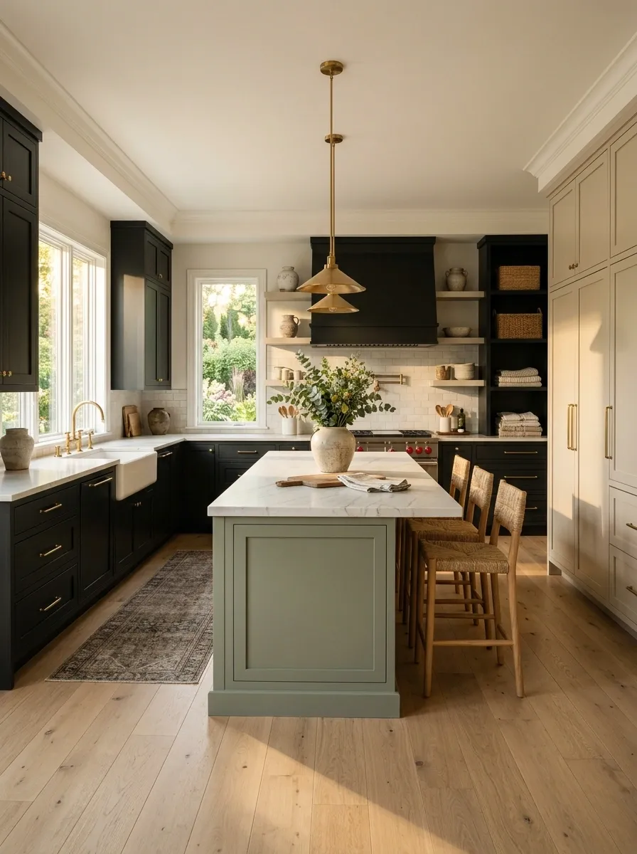Soft Black, Sage, and Limestone Beige Kitchen