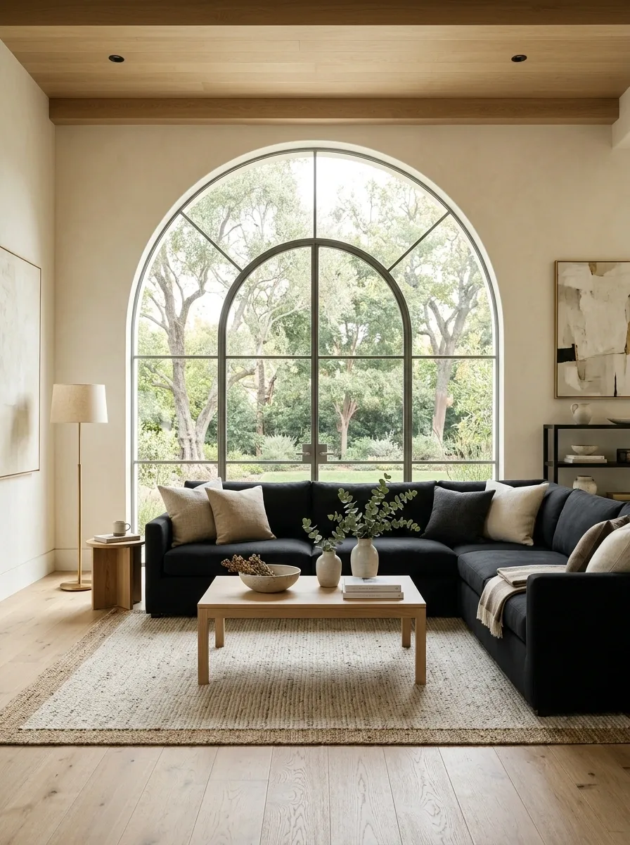 Soft Black Sectional With a Large Arched Window as the Focal Point