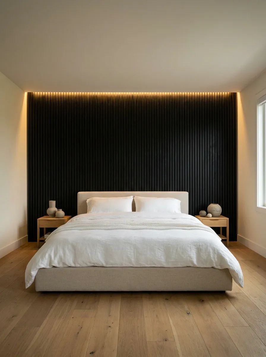 Soft Black Slatted Wall With Warm Backlighting