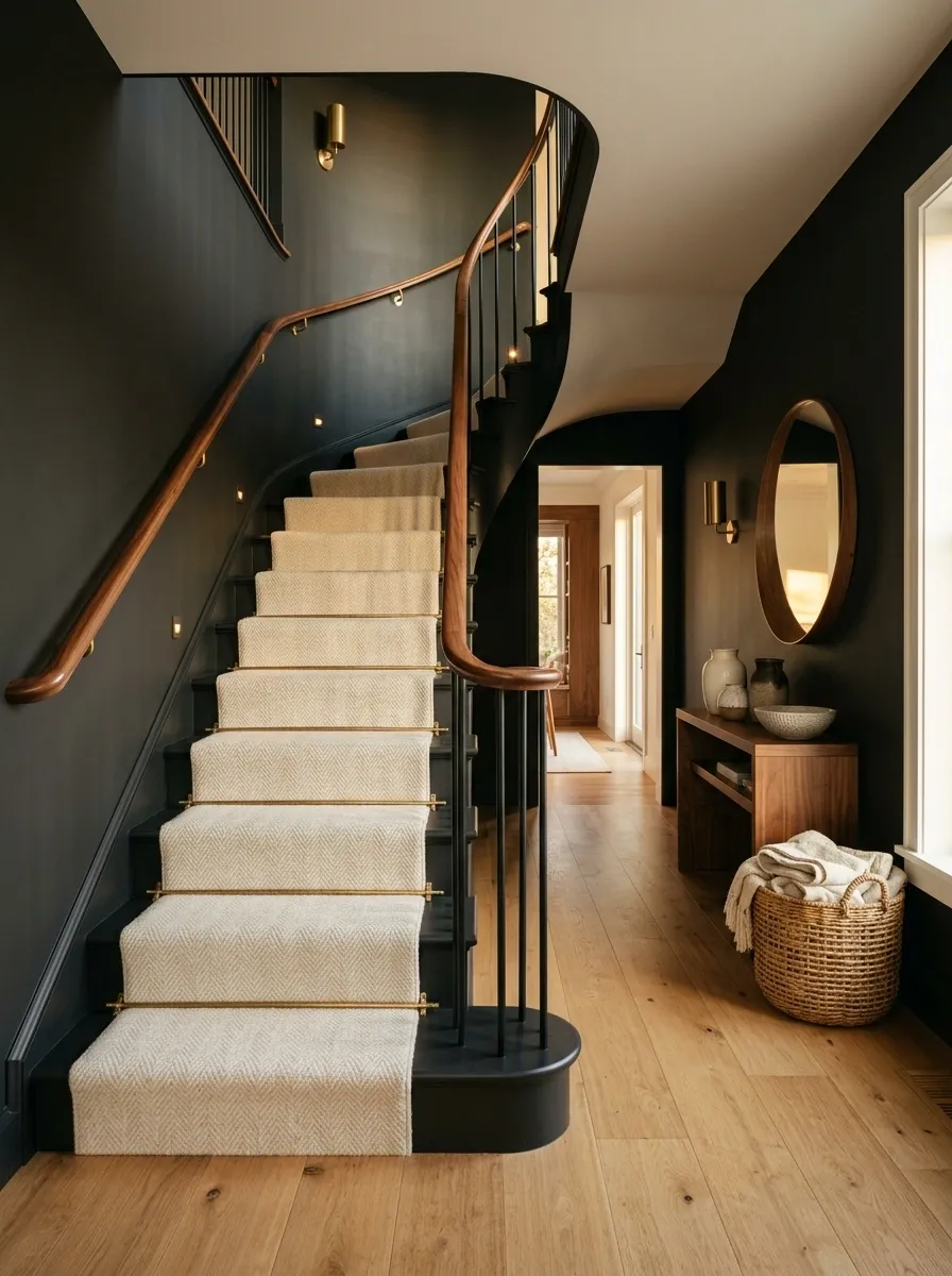 Soft Black Staircase With Warm Walnut and Cream Textiles