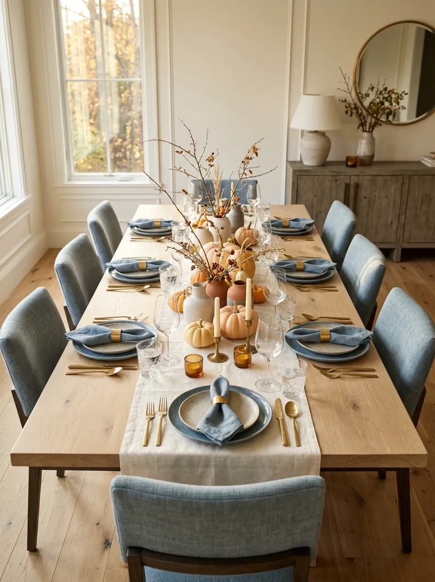 Soft Blue and Pumpkin Fall Table