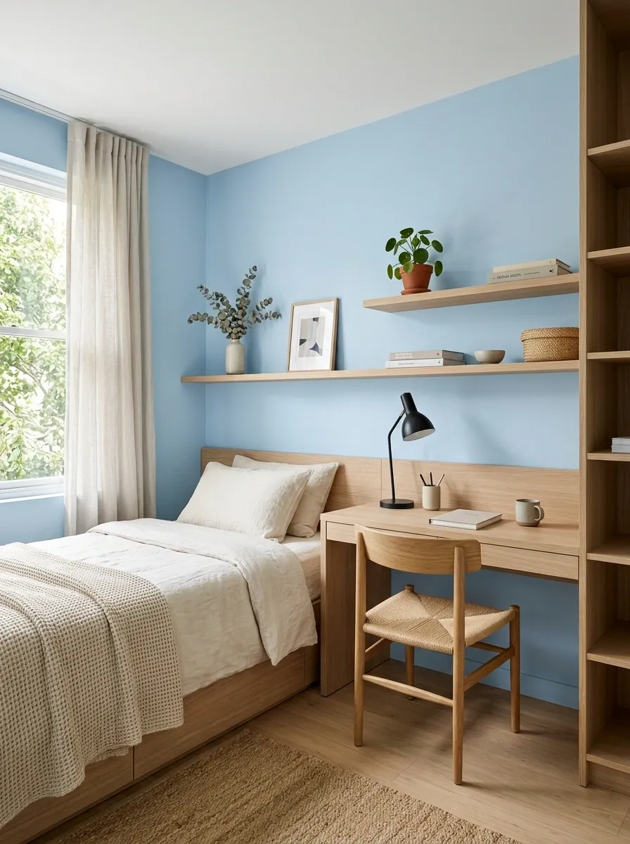 Soft Blue Bedroom With a Compact Built-In Desk