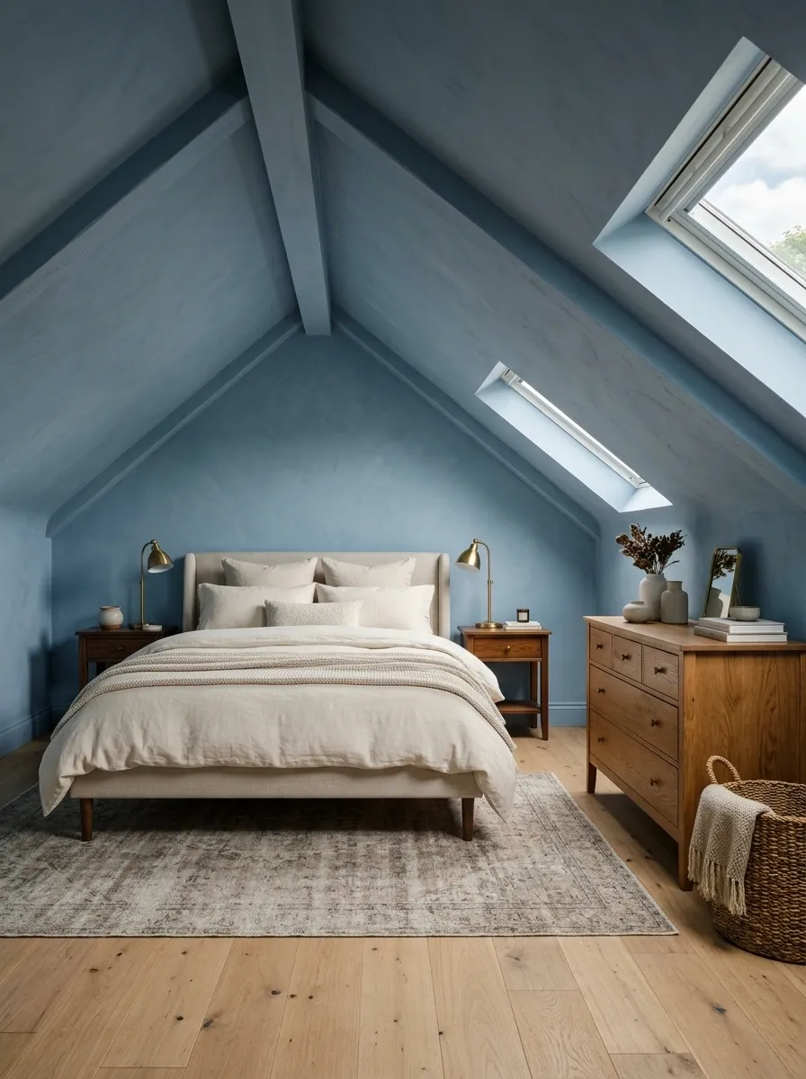 Soft Blue Bedroom With a Sloped Ceiling and Vintage Furniture