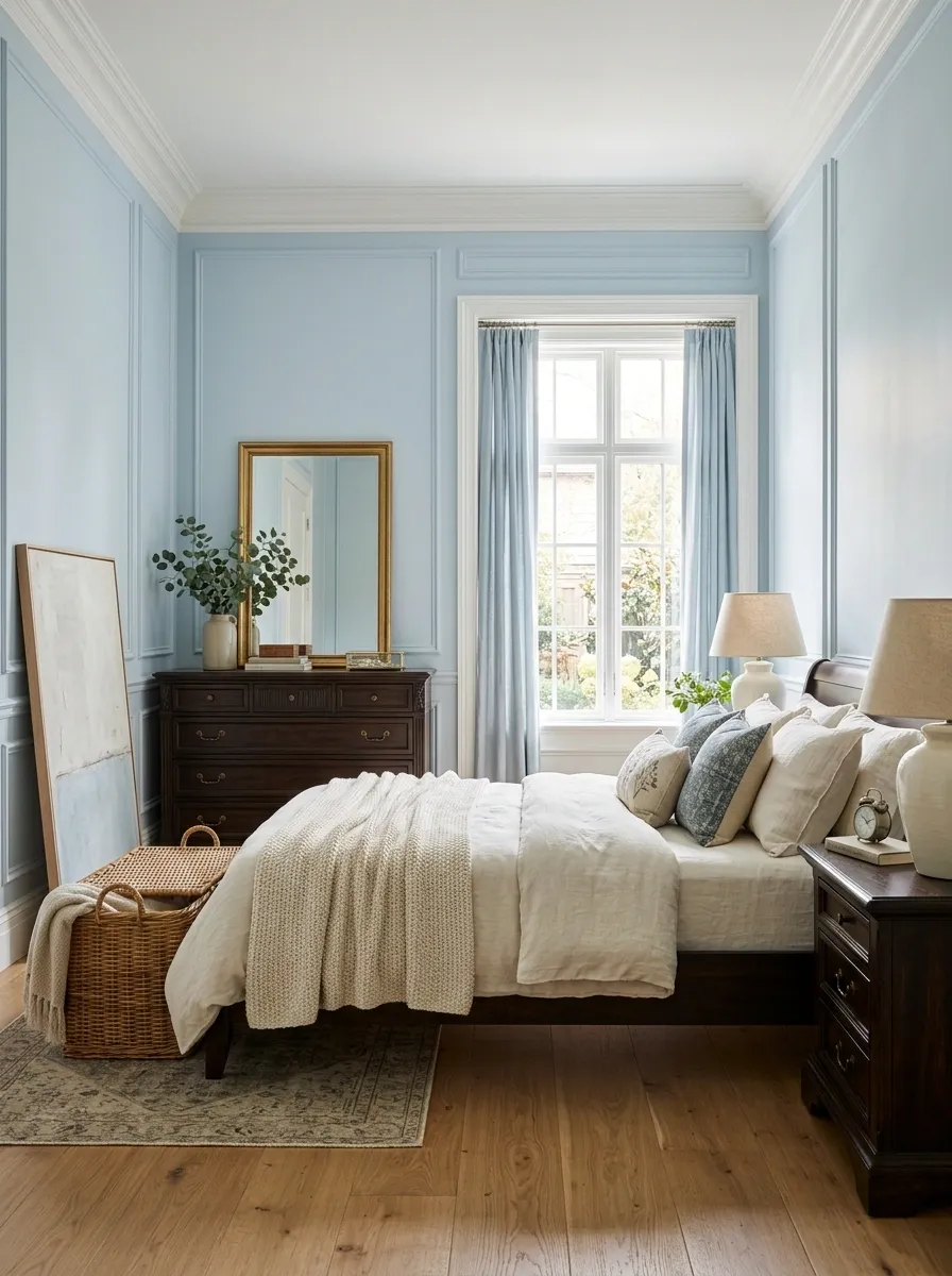 Soft Blue Bedroom With Dark Wood and Classic Trim