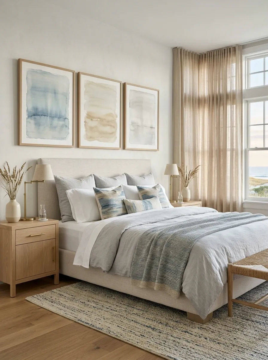 Soft Blue Bedroom With Layered Watercolor Artwork