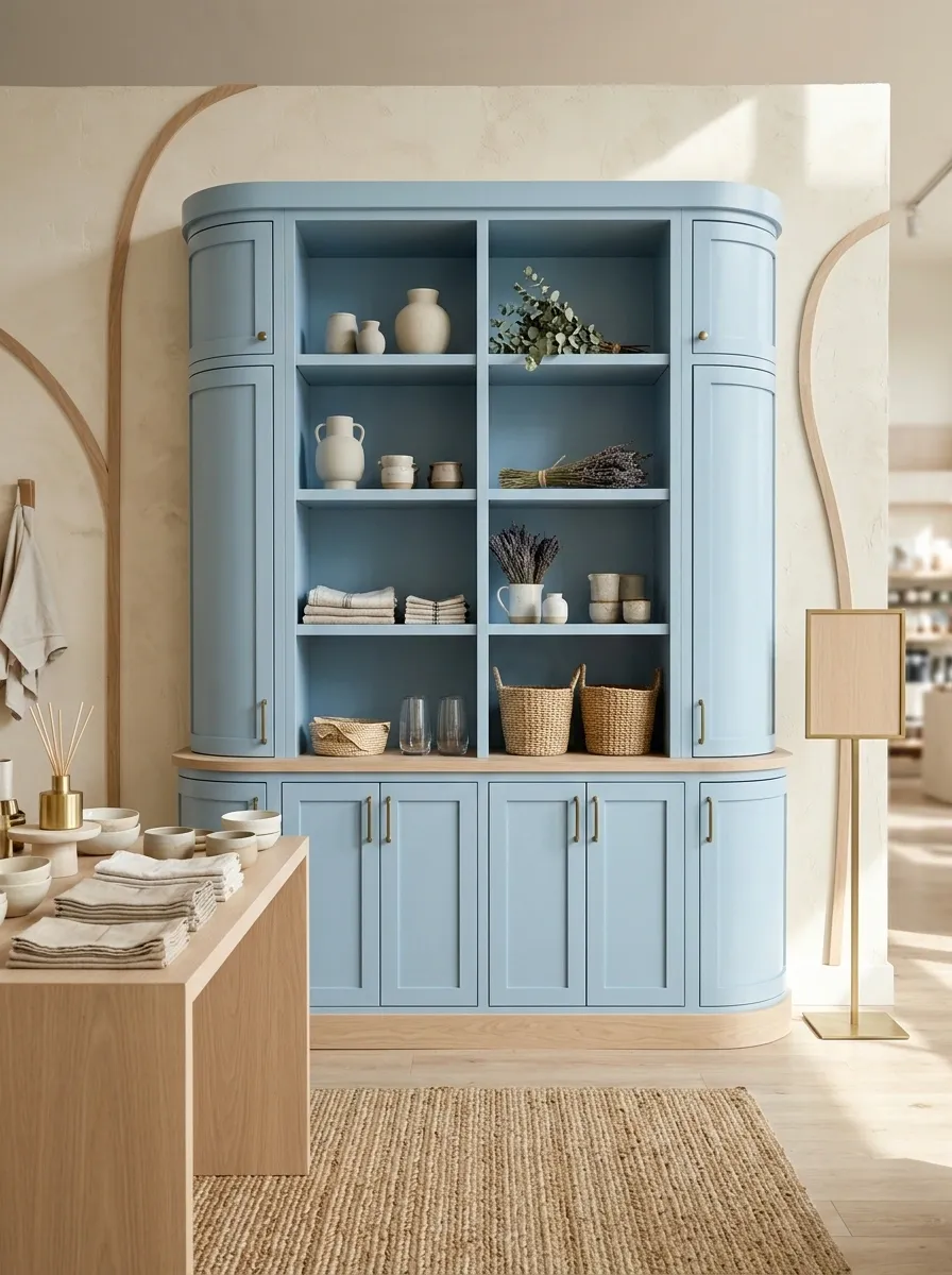 Soft Blue Boutique Booth With Curved Cabinetry