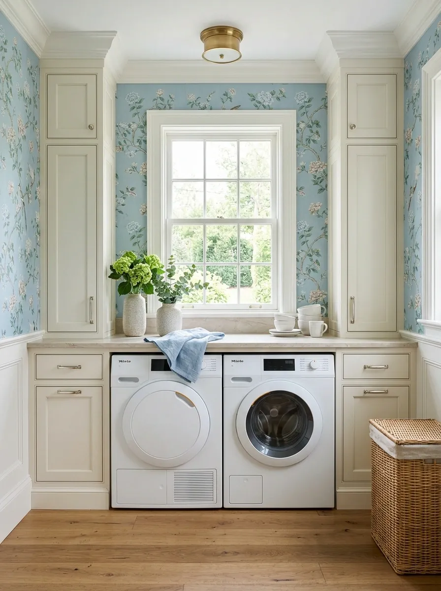 Soft Blue Chinoiserie Wallpaper With Cream Millwork