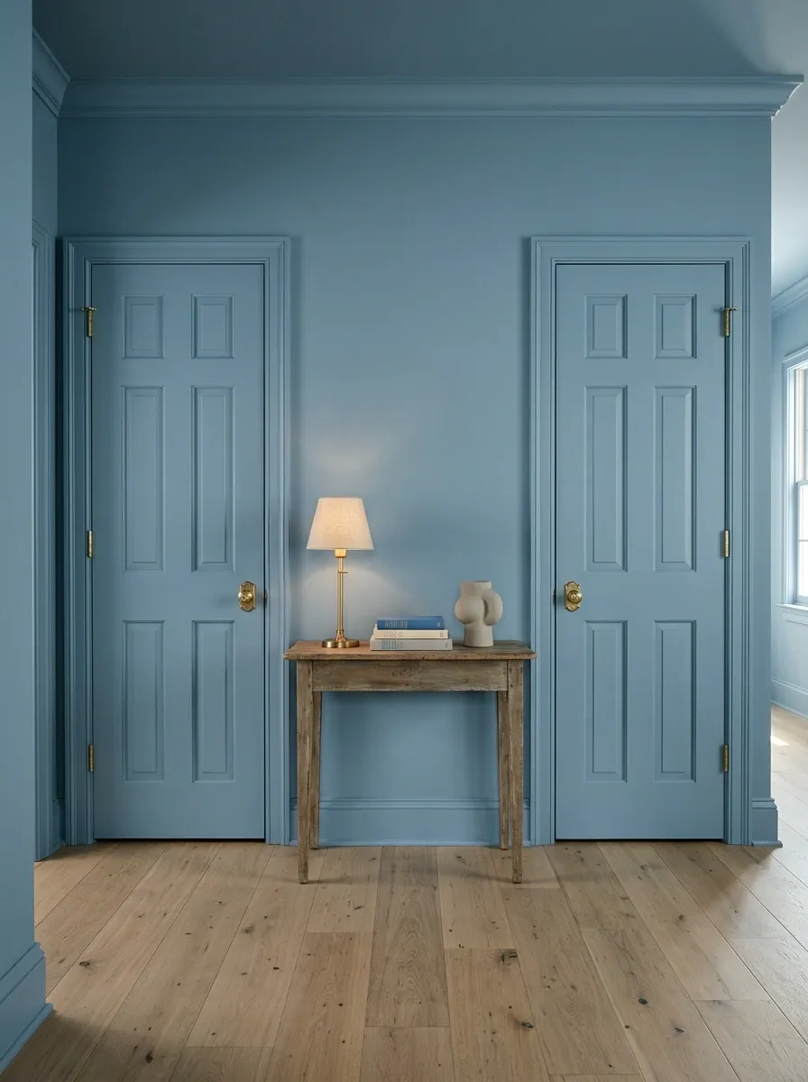 Soft Blue Color-Drenched Wall With a Vintage Console
