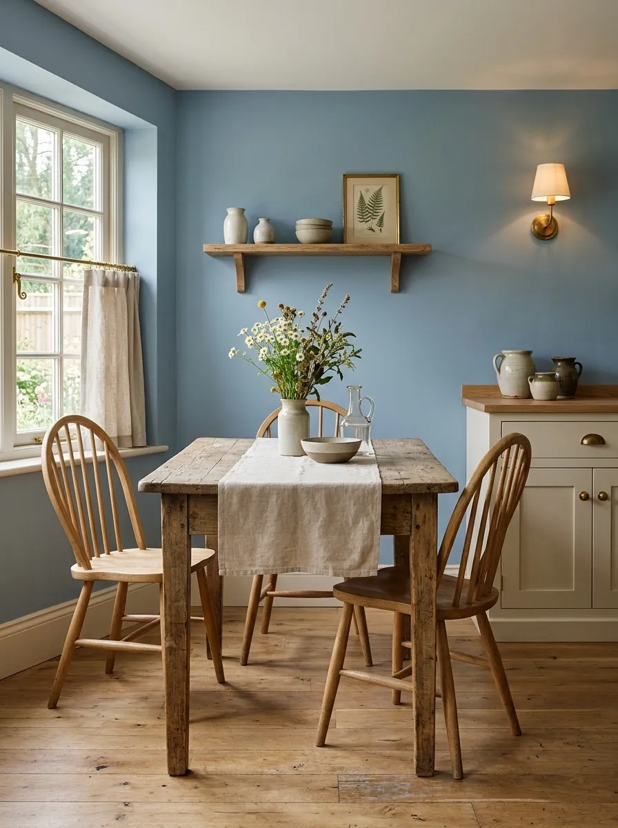 Soft Blue Corner With an Antique Farmhouse Table