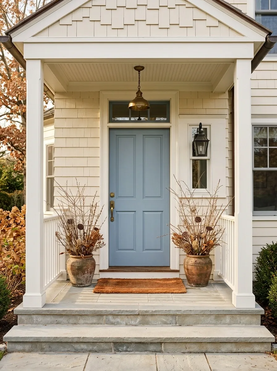 Soft Blue Door With Dusty Orange Accents