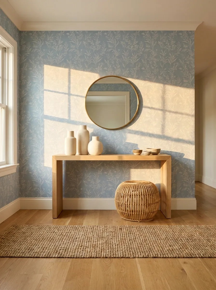Soft Blue Entryway With Coastal Botanical Wallpaper
