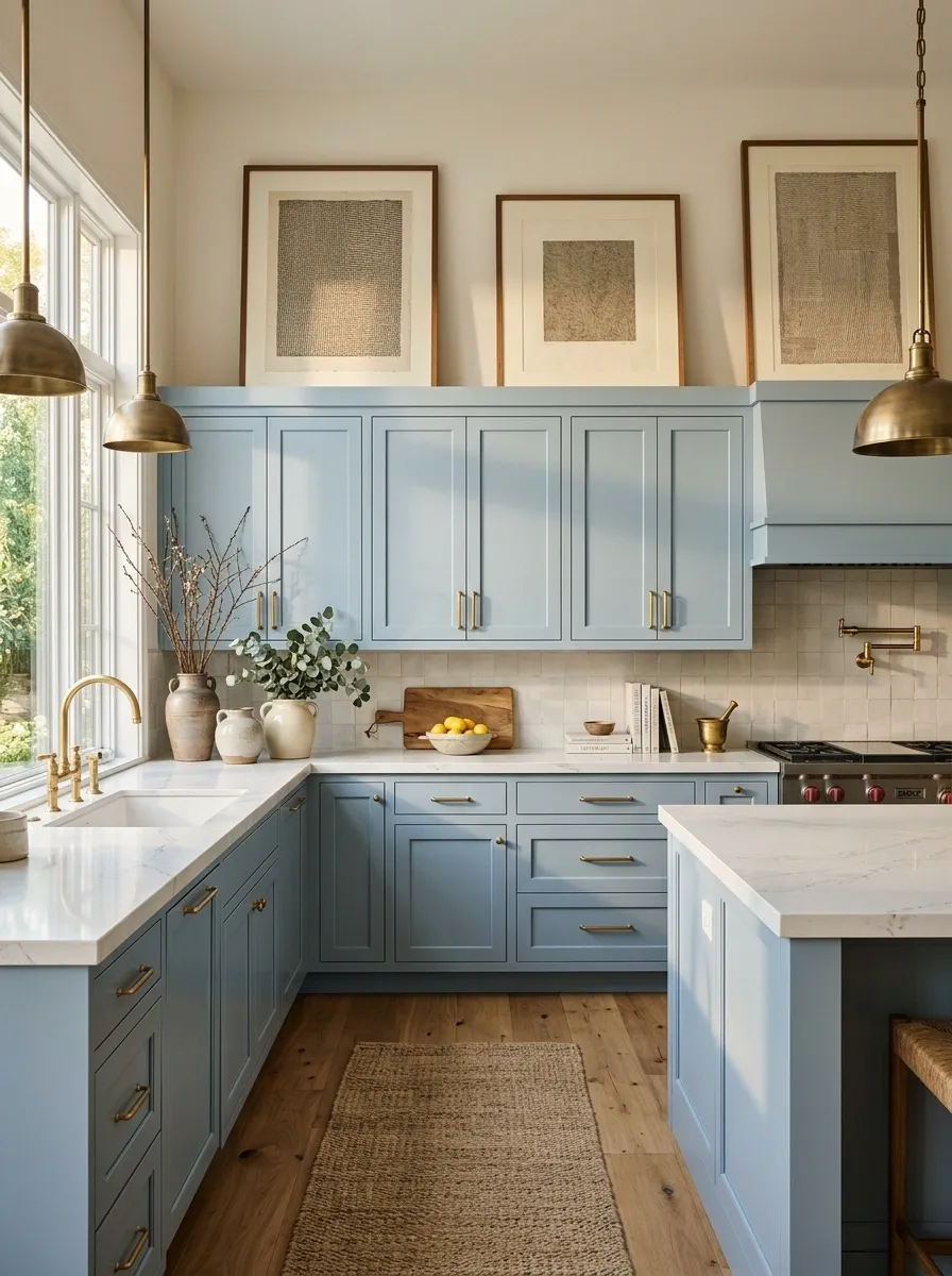 Soft Blue Kitchen With Oversized Framed Art