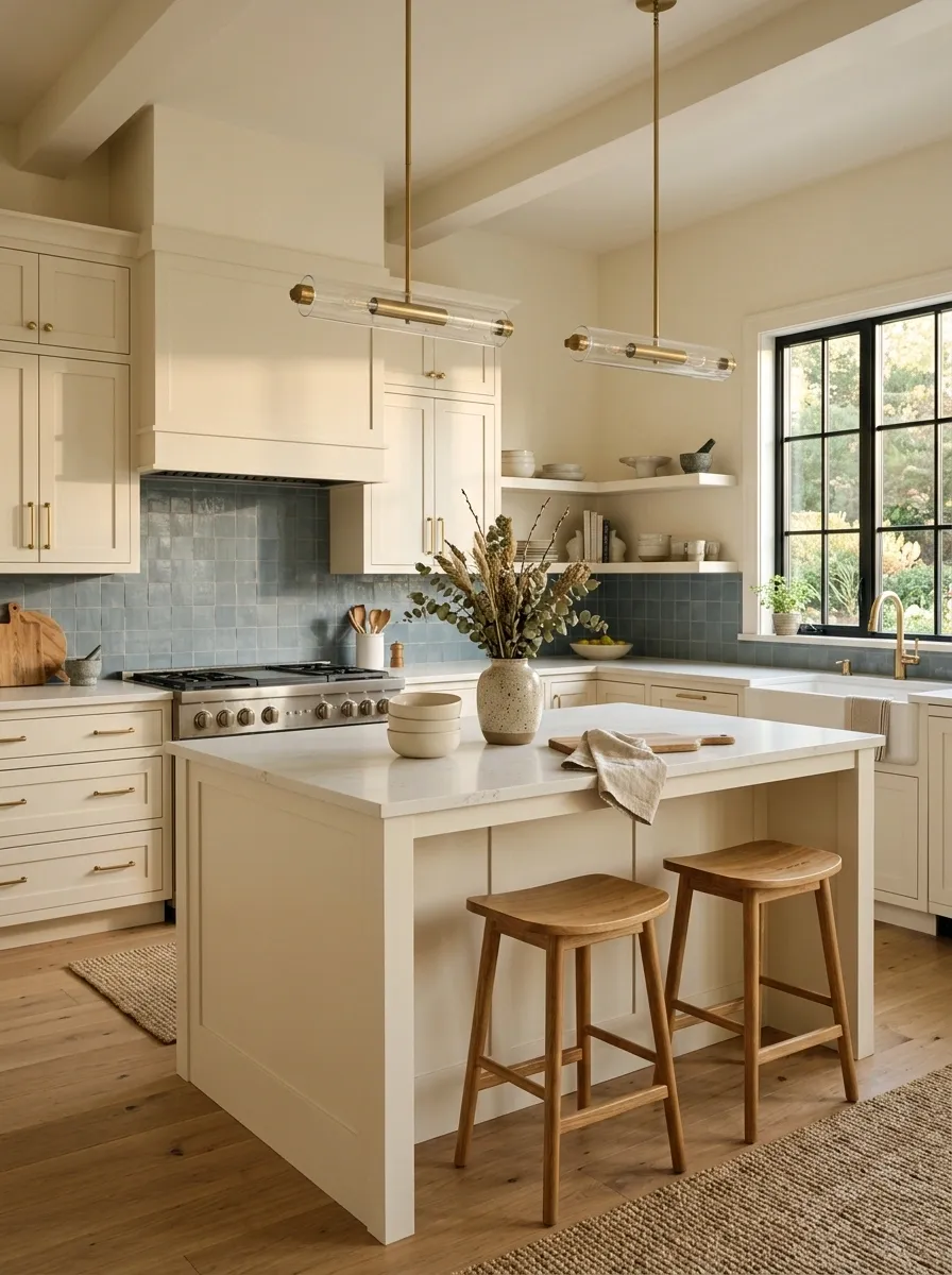 Soft Blue Kitchen With Warm Cream Surroundings