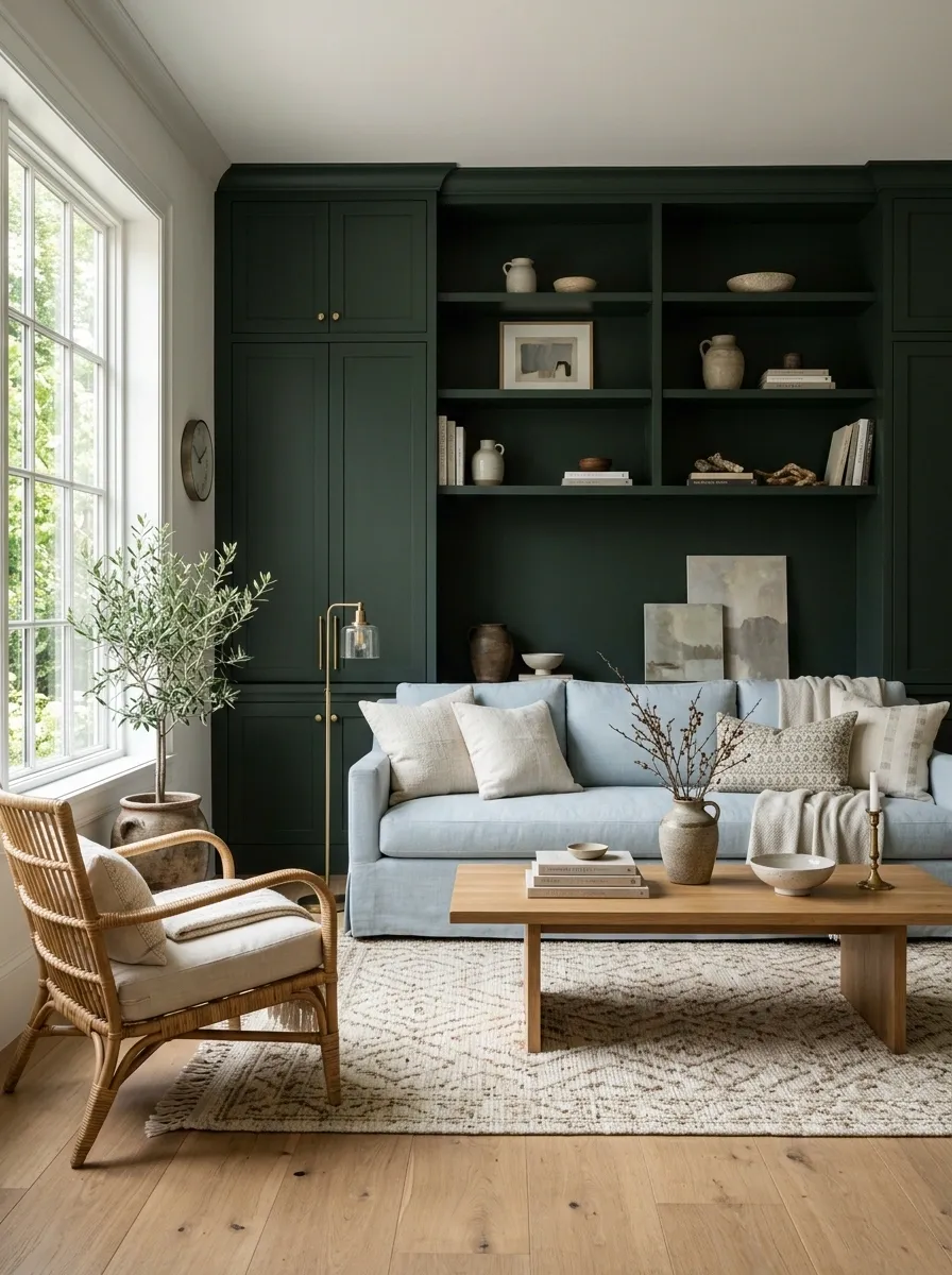Soft Blue Sofa With Dark Green Built-Ins