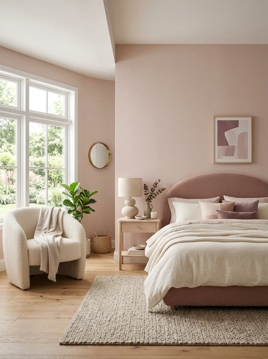 Soft Blush Bedroom With Curved Furniture and Layered Textiles
