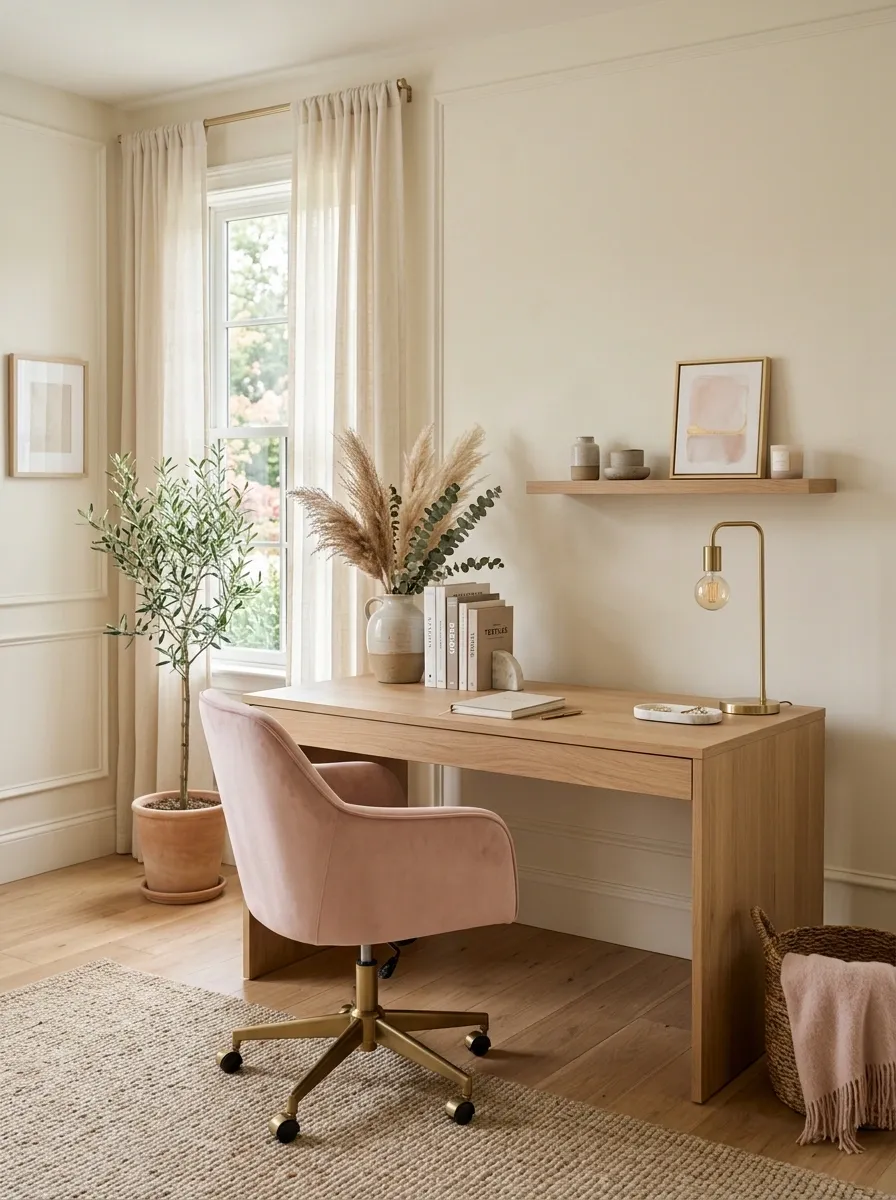 Soft Blush Office With Warm Oak and Cream