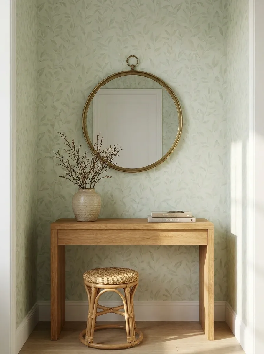 Soft Botanical Wallpaper With a Natural Oak Console