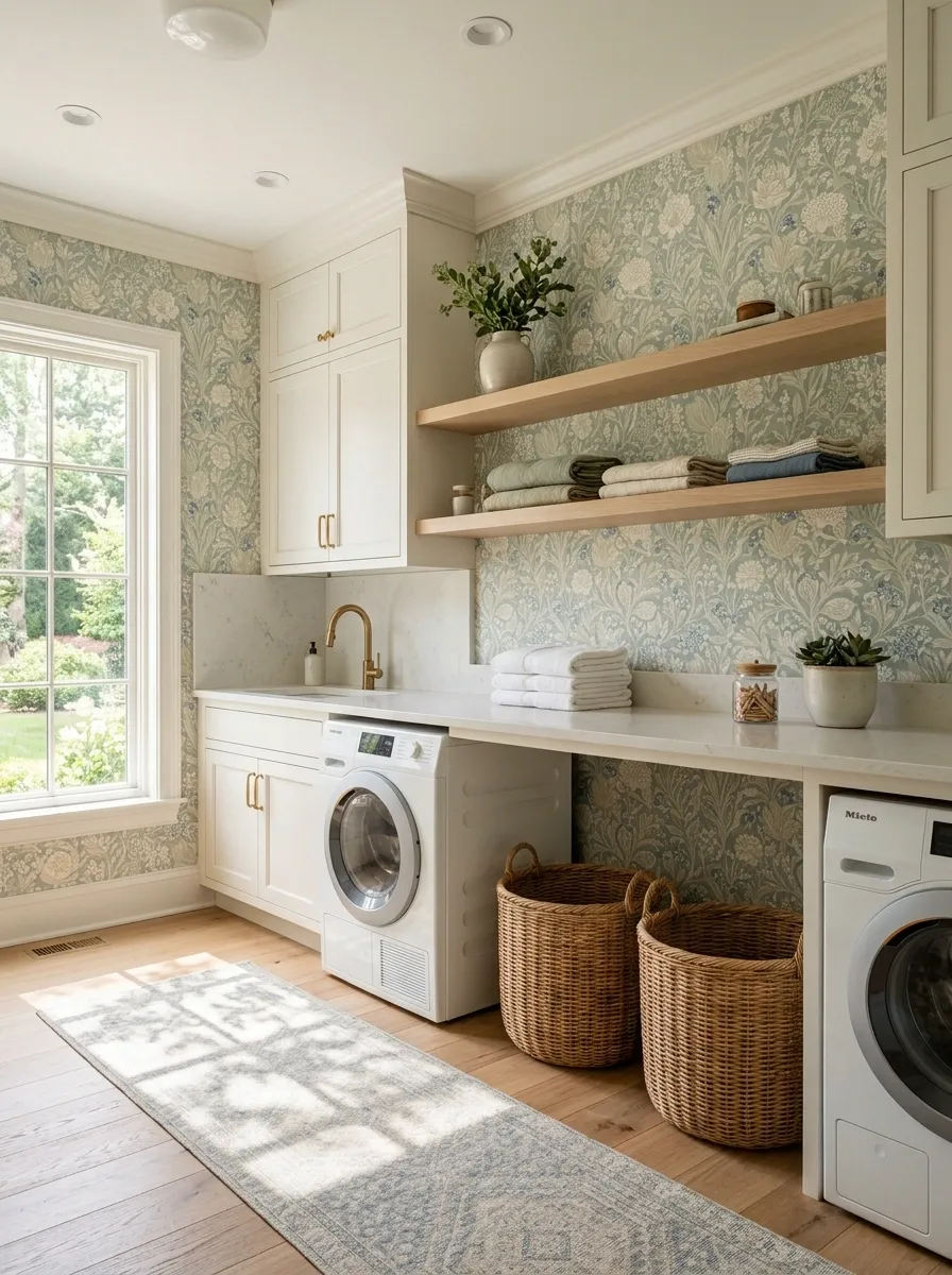 Soft Botanical Wallpaper With Warm White Cabinets