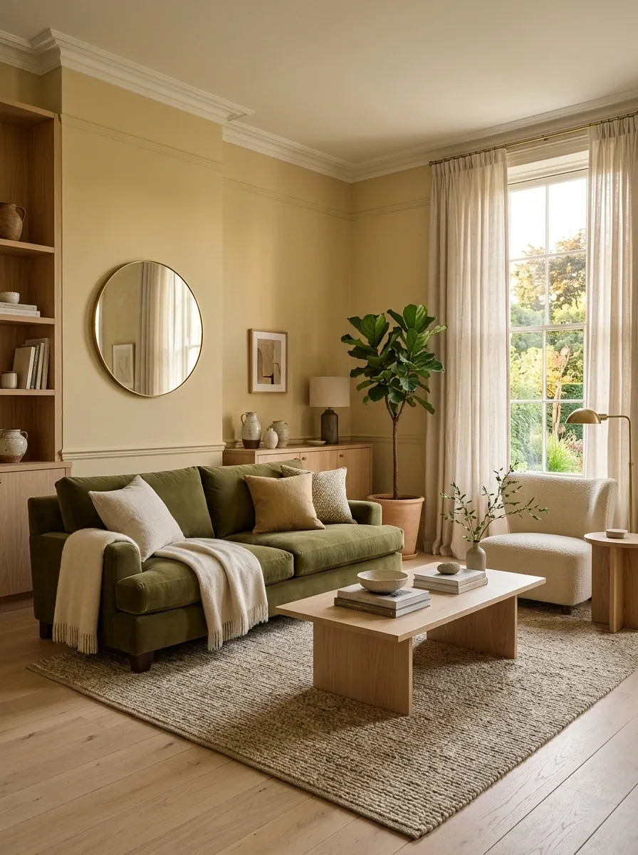 Soft Butter Yellow Living Room With Olive and Natural Wood