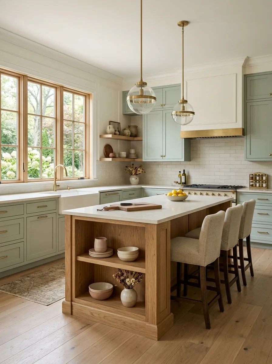 Soft Celadon Green Kitchen With Blush and Cream Accents