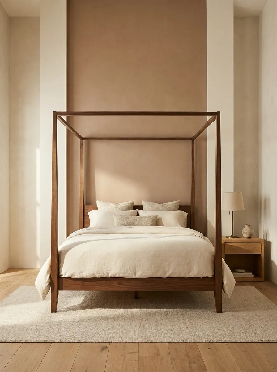 Soft Clay Color Block Behind a Four-Poster Bed