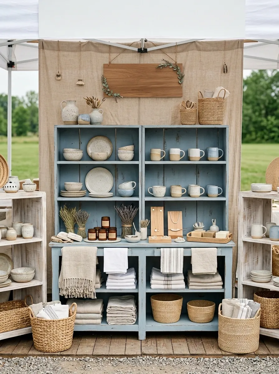 Soft Coastal Booth With Sand, Pale Blue, and White