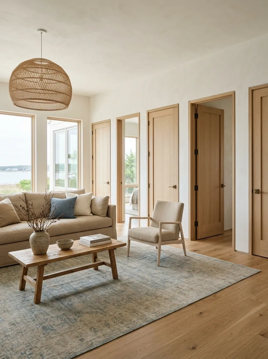 Soft Coastal Living Room With Repeated Light Wood Doors