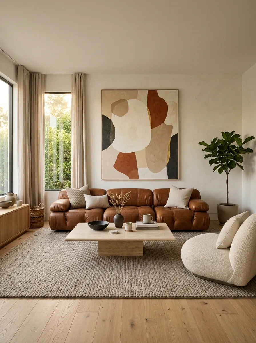 Soft Contemporary Living Room With an Oversized Brown Sofa