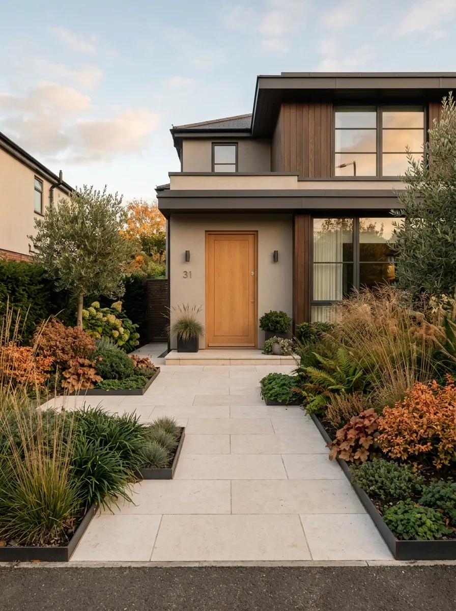 Soft Contemporary Yard With Cream and Copper Planting