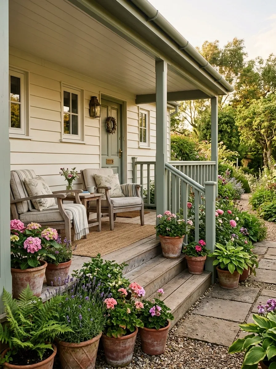 Soft Cottage Porch With Painted Sage Railings and Flower-Filled Containers