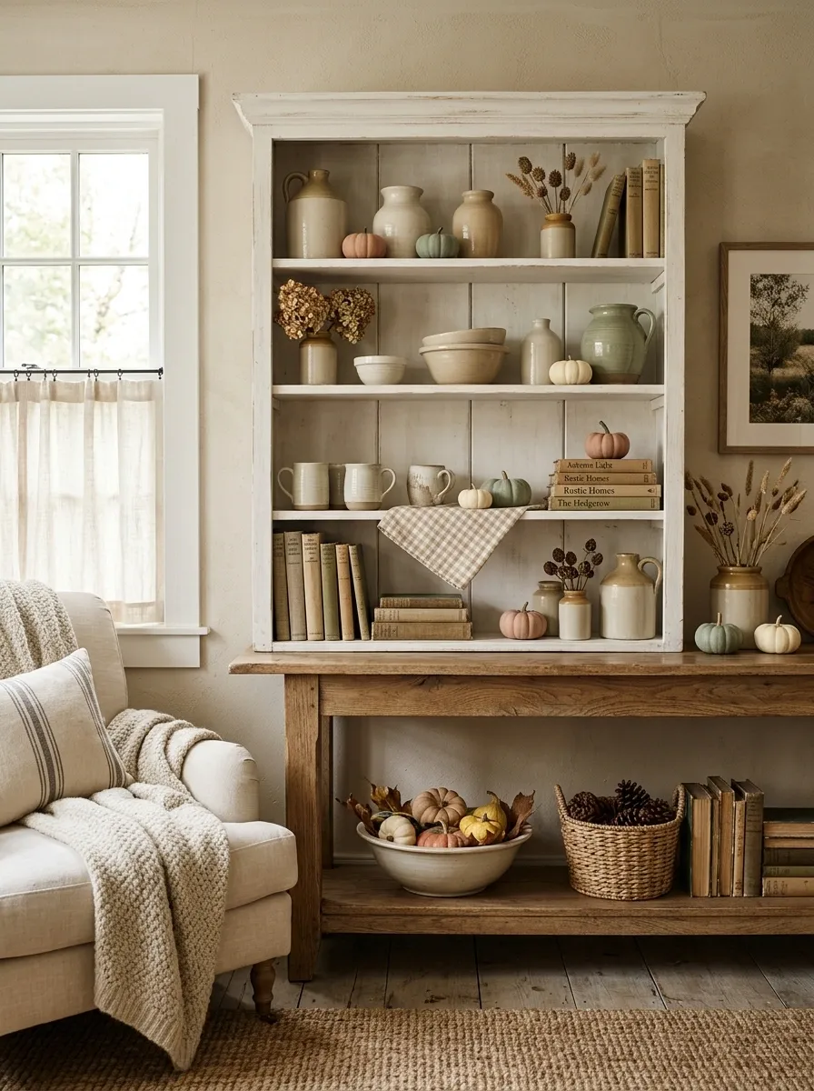 Soft Country Shelf With Gingham, Creamware, and Tiny Pumpkins